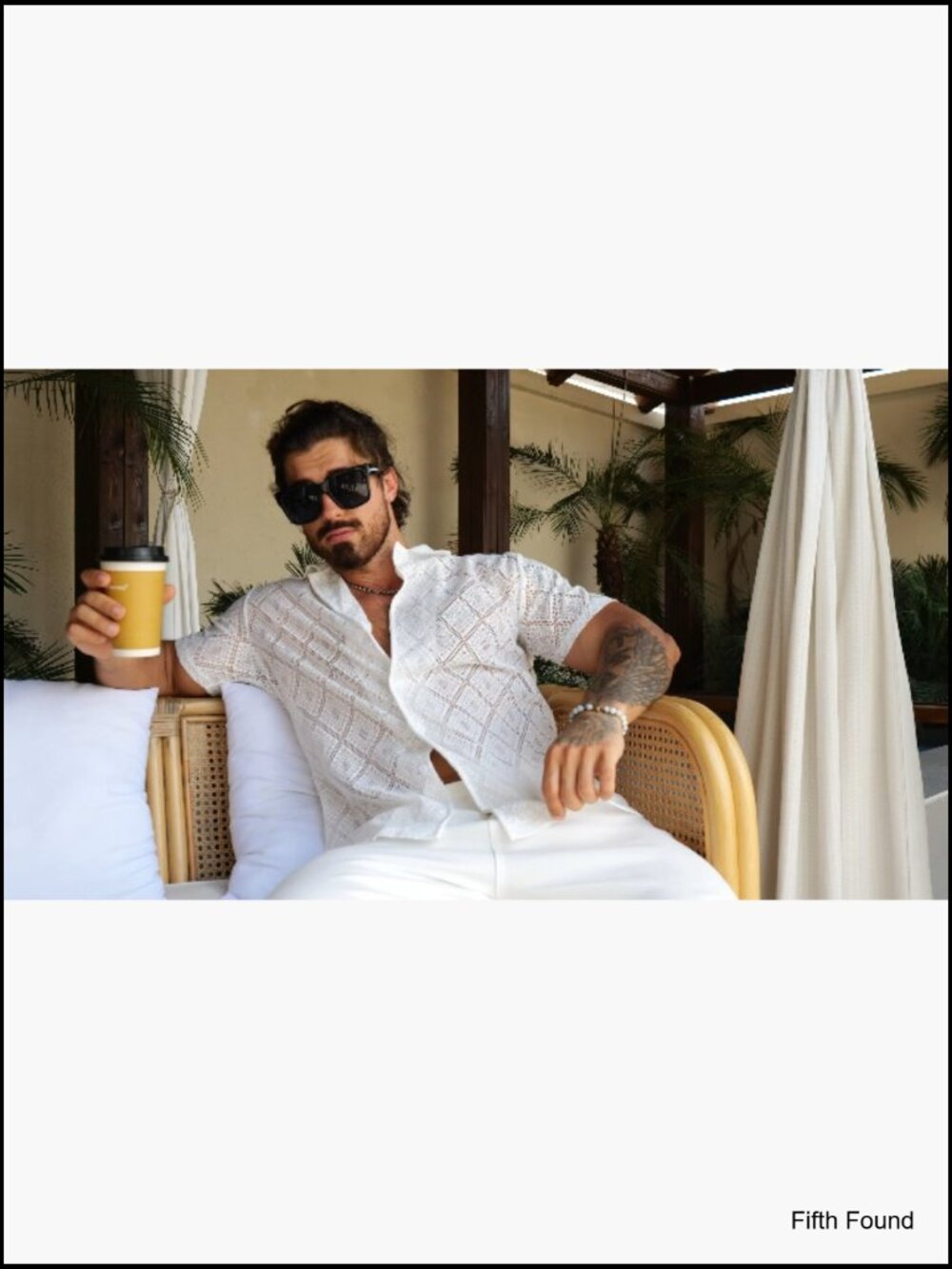 Men's Sheer Lace Button Down Shirt Hollow Out Short Sleeve Casual Beach Shirt - Picture 7 of 7
